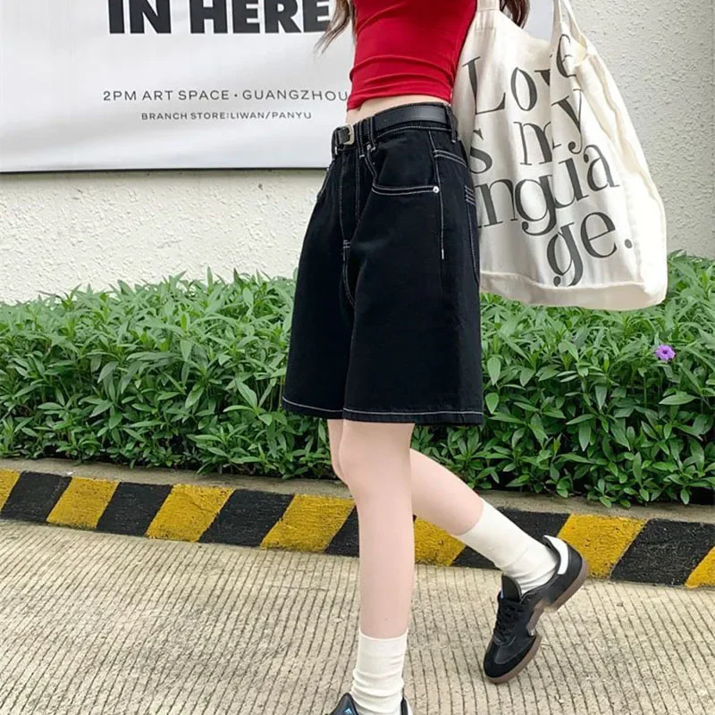 Chic preto shorts jeans feminino 2025 verão baggy y2k moda reta denim calças curtas mulher vintage todos os jogos streetwear shorts