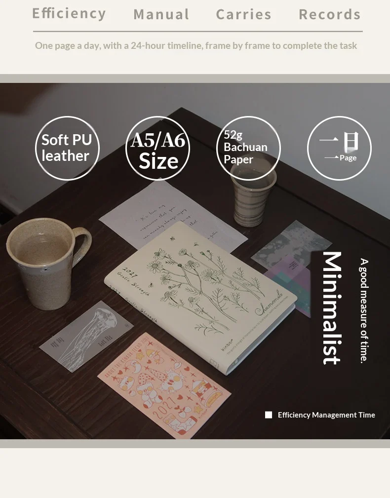 Kinbor 2027 Full Year Day-Per-Page Planner A5/A6,52g Tomoe River Paper Notebook No Bleed Through,For Fountain Pen,DailyOrganizer