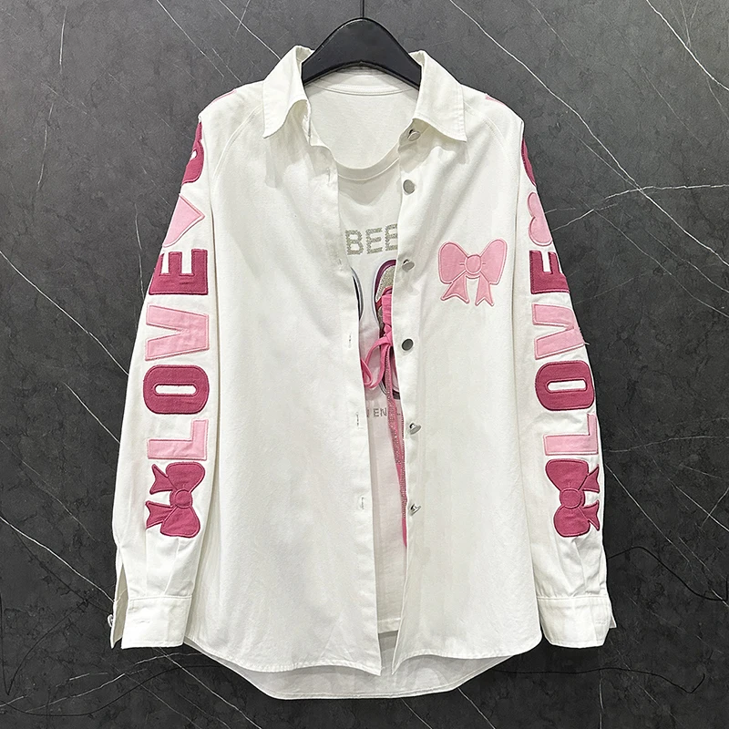 

Women's Loose Casual Versatile Medium Length White Shirt 2025 Spring and Autumn Heavy Industry Bow Denim Long Sleeve Shirt