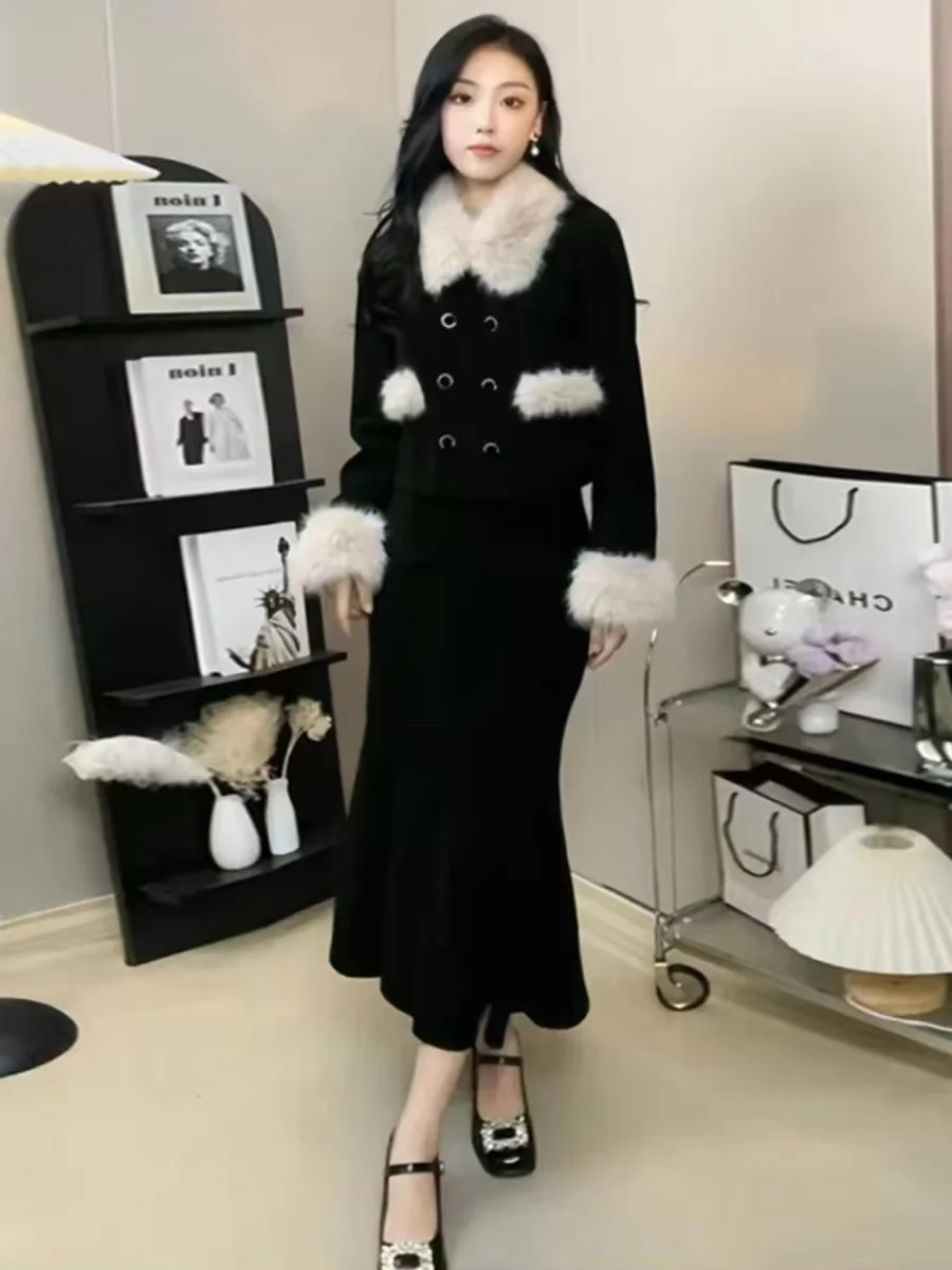 ภาษาฝรั่งเศสคํา Hepburn สไตล์ชุดผู้หญิงฤดูใบไม้ร่วง/ฤดูหนาวใหม่ High-End Elegant Fur-Collar เสื้อแจ็คเก็ตคลาสสิกเอวสูงกระโปรง Mermaid