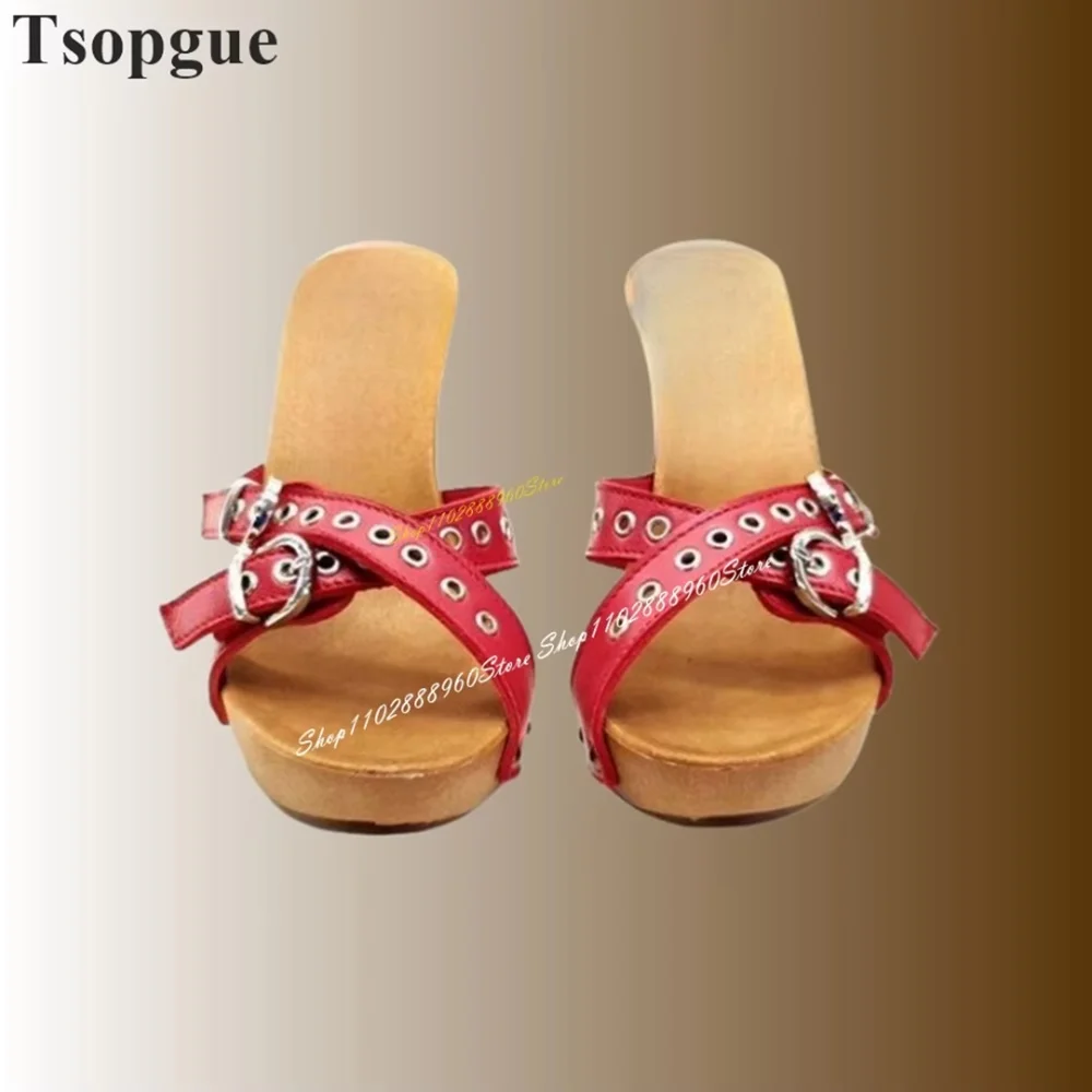 

Wood Platform Red Belt Buckle Strap Slippers Spike High Heel Shoes For Women Slip On Open Toe Occidental Style Stylish Slippers