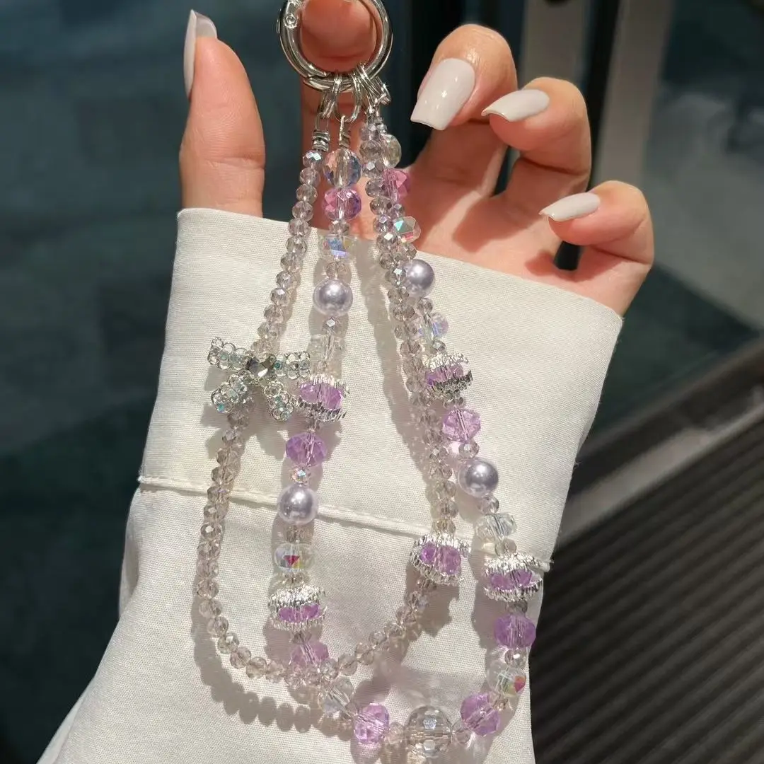 

Двойная цепочка, модный бант с кристаллами, высококачественная легкая роскошная жемчужная подвесная цепочка для мобильного телефона, браслет, универсальная сумка с подвеской для женщин