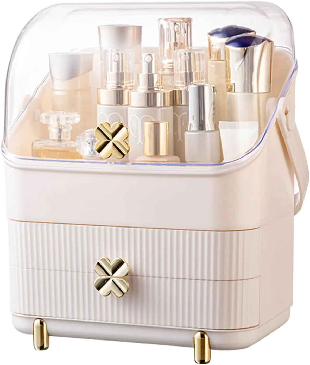 

Preppy Skincare Organizer 3-Tier Makeup Storage with Dust-Free Cover, Portable Handle, 2 Roomy Drawers, Ivory White