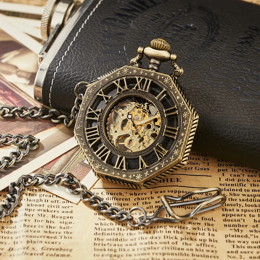 bronze-octagon-hand‑wind-mechanical-pocket-watch-roman-numeral-dial-fob-watch-with-chain-retro-steampunk-pocket-clock-gift