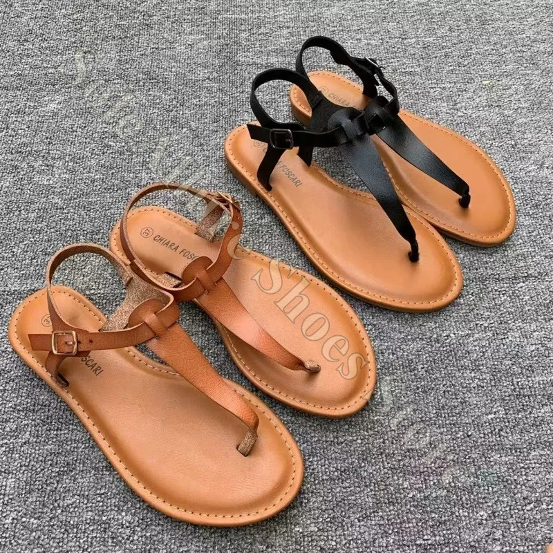 

Women Tan Leather T-Strap Thong Sandals Ankle Strap Buckle Flat Summer Beach Casual Roman Shoes