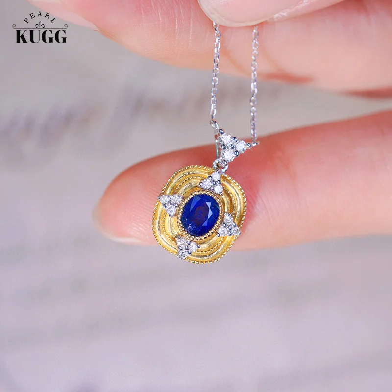 

KUGG 18K White and Yellow Gold Necklace Vintage Palace Style Real Diamond Natural Sapphire Necklace for Women Christmas Gift