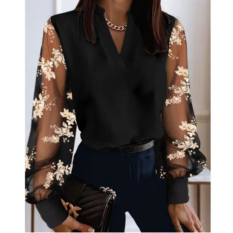 Autumn Winter New V-neck Long Sleeved Lace Shirt Women\'s Work Shirt Fashion Street Personality Shirt Lady Solid Color Blouse