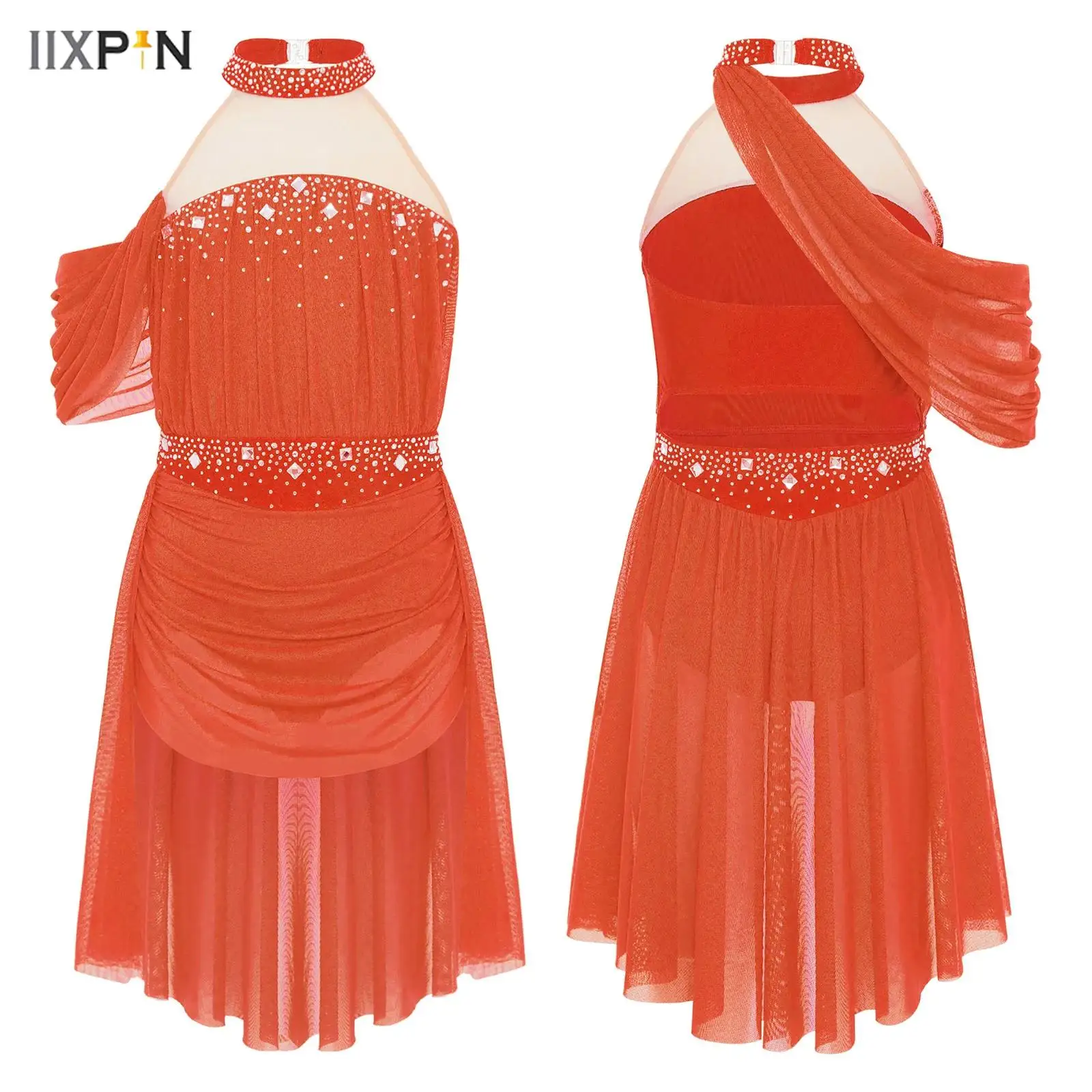 

Kids Girls Lyrical Dance Leotard Dress Halter Backless Cutout Back Shiny Rhinestones Ruched Mesh Drape Dress Modern Dancewear
