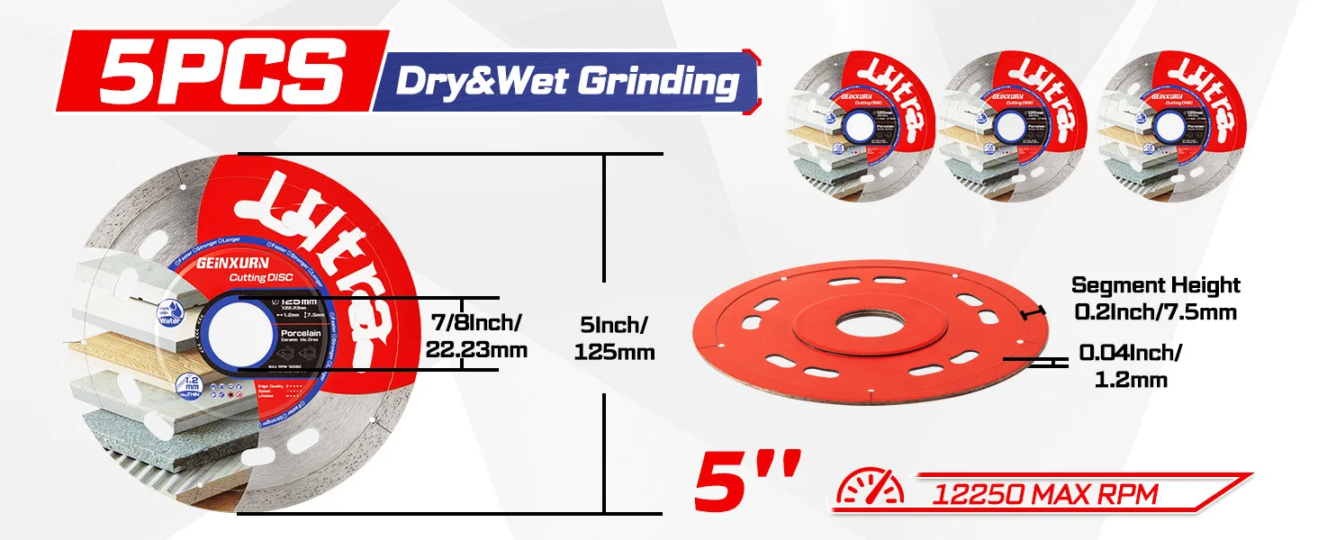 Geinxurn 2/5 Stück Superdünne Diamantsägeblätter für Fliesen (4,5"/5") für Winkelschleifer für 7/8" Schaft Handmarmorschneider – Detail 4