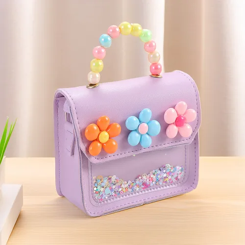 Imagen 2 del producto Bolsos de mano con flores bonitas para niños, bandolera con perlas brillantes para niñas, bolso de hombro para niños, bolsos cruzados de cuero PU con dibujos animados