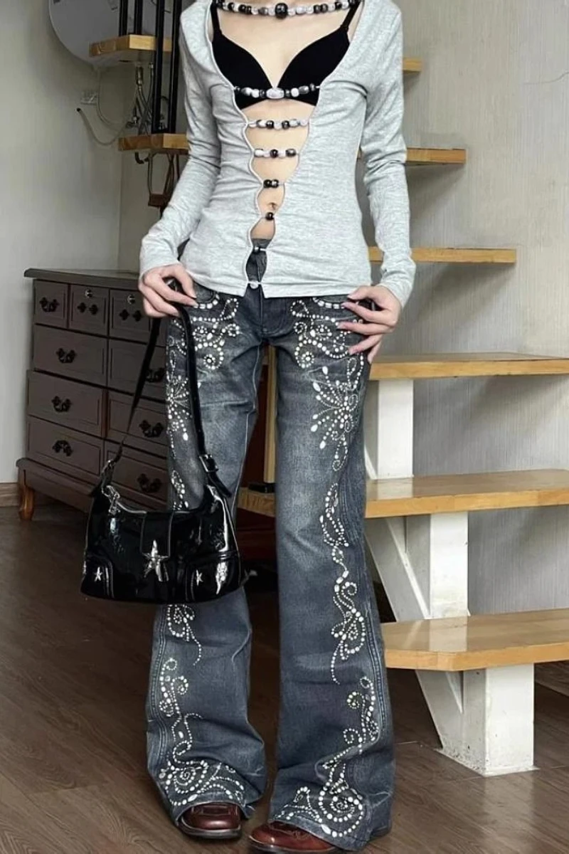 Y2K Vintage Low-Rise Bootcut Jeans Women Distressed Denim Trousers Fashion Design Autumn Winter Style