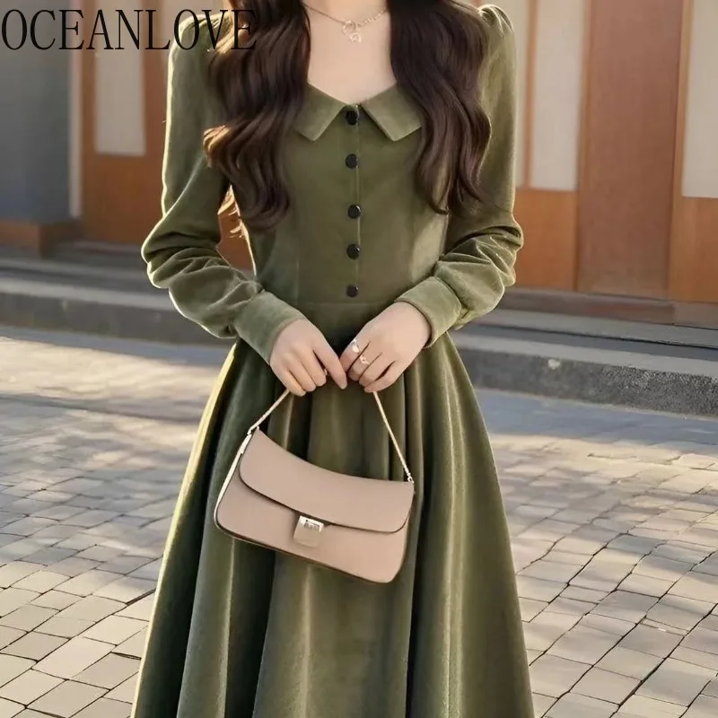 OCEANLOVE Green Velvet Women Dresses Solid French Style Elegant Vintage Vestidos Mujer Autumn Winter Fashion Long Dress