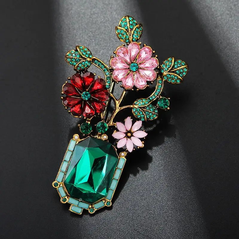 

●Vintage Crystal Luxury Emerald Vase Flower Brooches For Women Elegant Colorful Rhinestone Sunflower Brooch Pins Jewelry Gifts