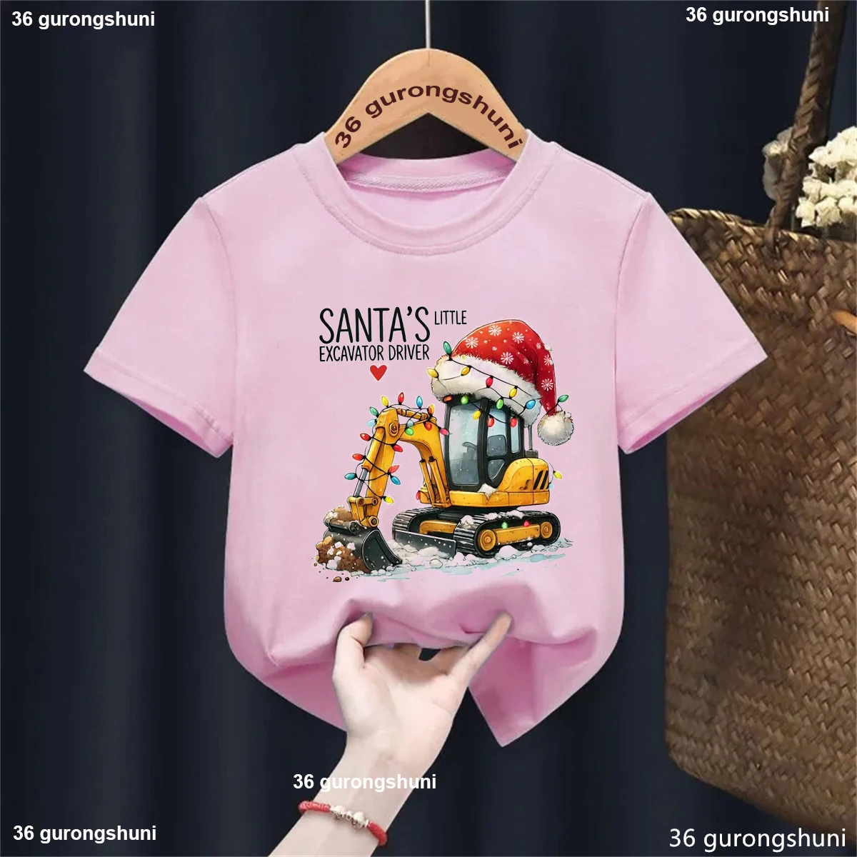 Santa'S Little Excavator Driver Graphic Printed T Shirt Girls/Boys Cool Xmas Gift Children'S Clothing Funny Solid T-Shirt Tops