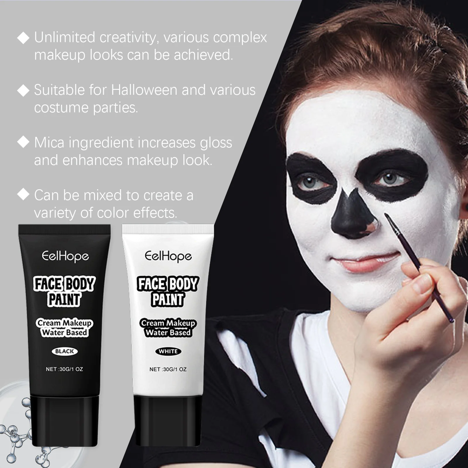 Kit de peinture pour le visage d'Halloween, peinture Brus pour le corps et le visage hautement pigmentée, noir et blanc, pour bricolage, fêtes à thème Cosplay, maquillage corporel