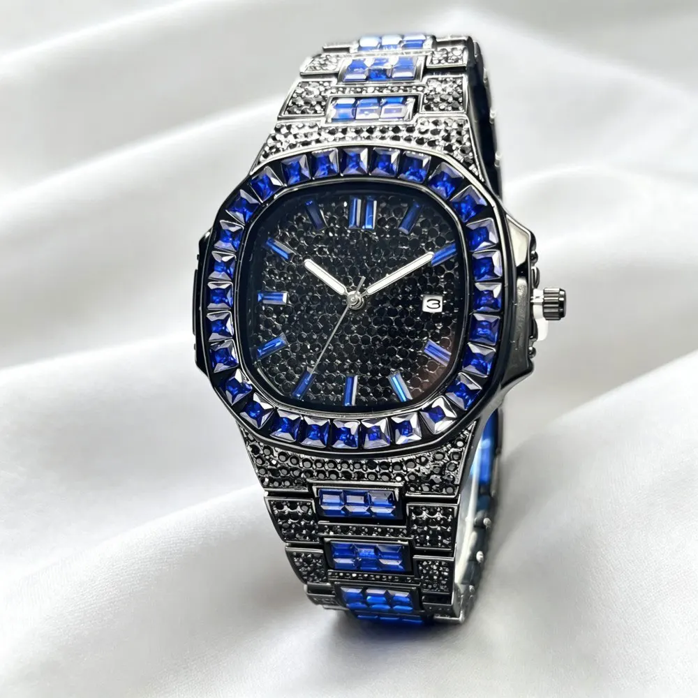 MISSFOX Hip Hop Diamond Mens Watches Black Blue Color Chronograph Male Quartz Wristwatch Business Iced Out Men Clock Hot Sale