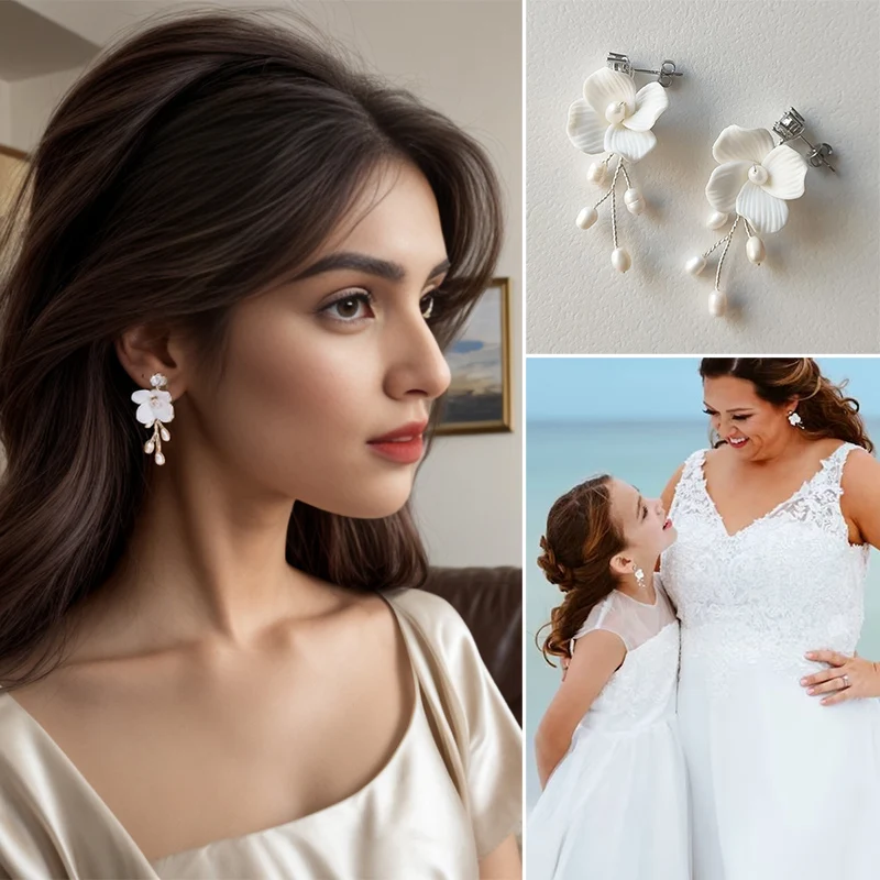 Mixed Styles Handmade Ceramic Flower Bridal Pendant Earring Wedding Pearl Dangle Stud Earrings For Women Girls