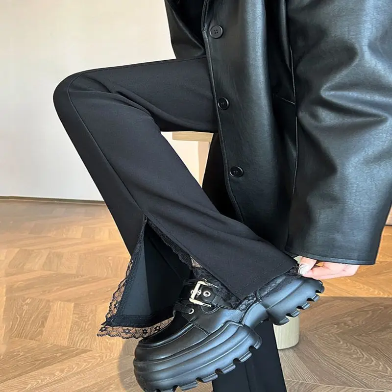 Traje con solapa ligeramente con abertura de encaje negro para mujer, nuevos pantalones informales de pierna ancha y cintura alta
