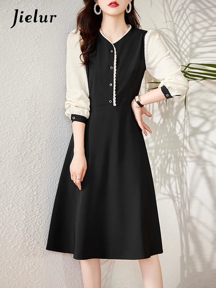 

Jielur Fake Two-piece French Contrast Color Slim Woman Dress Sweet Elegant Lady Women Dress Black V-neck Long-sleeved Dresses