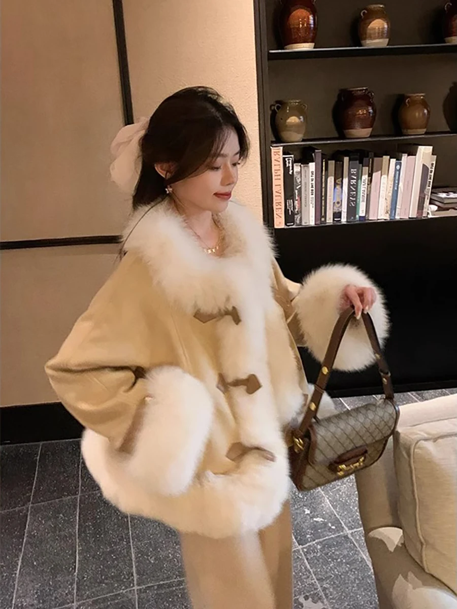 Cappotto invernale da donna in finta pelliccia di volpe scamosciata marrone in cotone manica lunga monopetto giacca ispessita imbottita color caramello