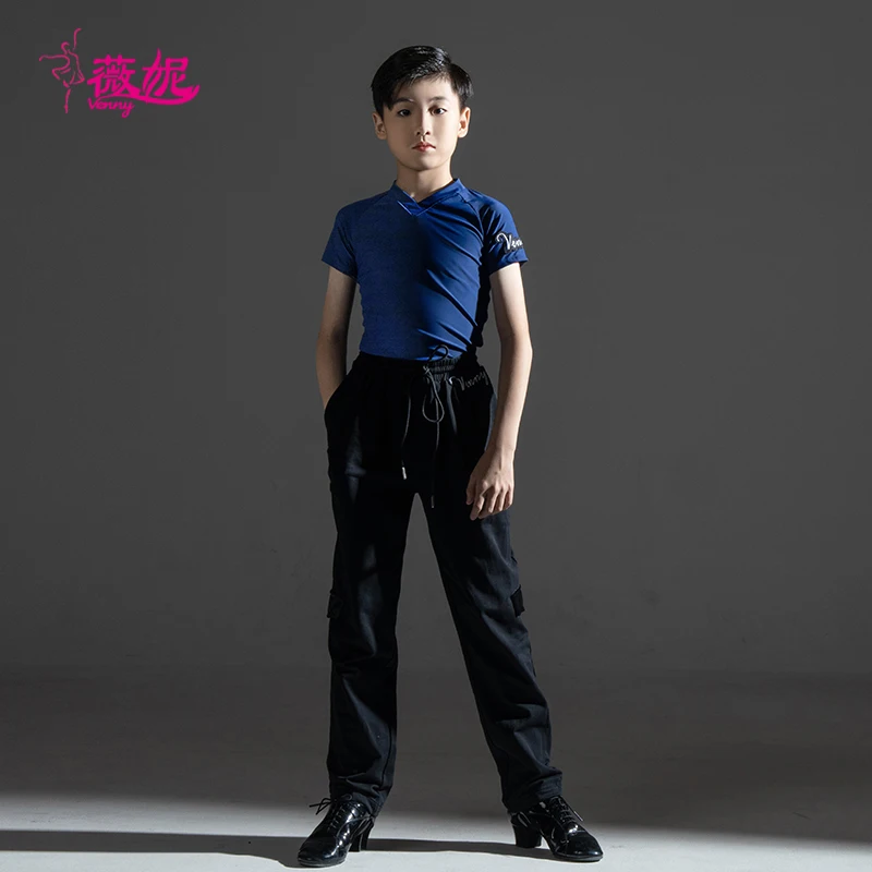 Vennystyle Abito da ballo latino da uomo slim fit con scollo a V a maniche corte per spettacoli di pratica da sala da ballo