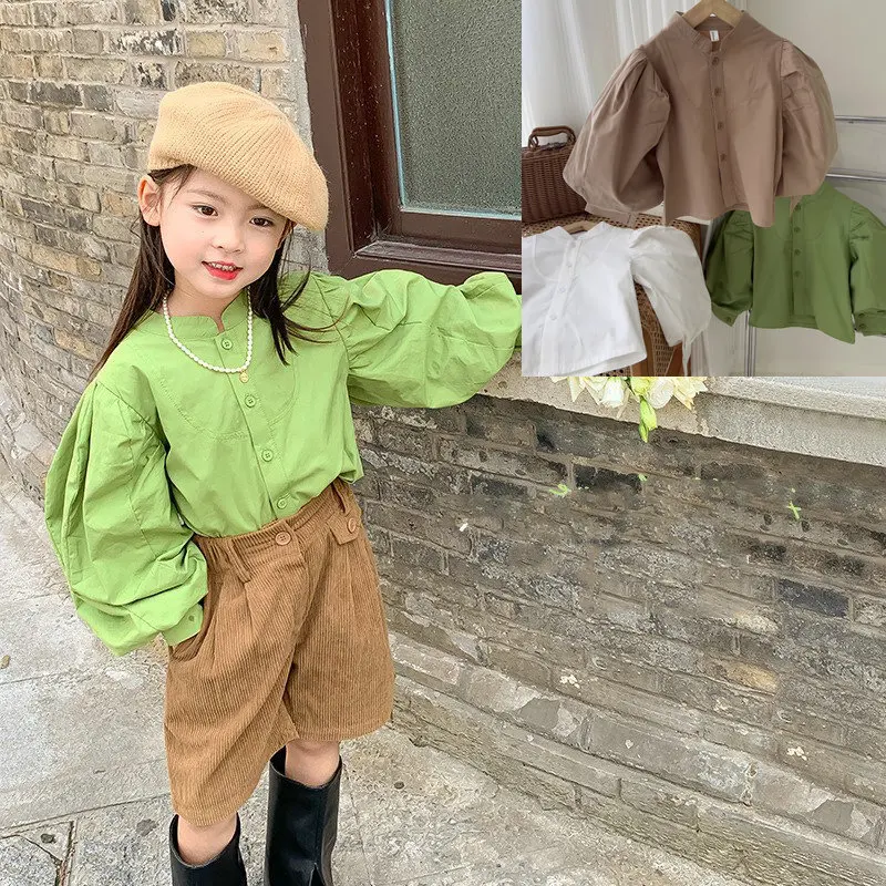 2024 Spring Autumn Costume Kid Girl Solid Puff Sleeve Blouse Children Cotton Loose Fashion Tops Baby Casual All-match Shirts