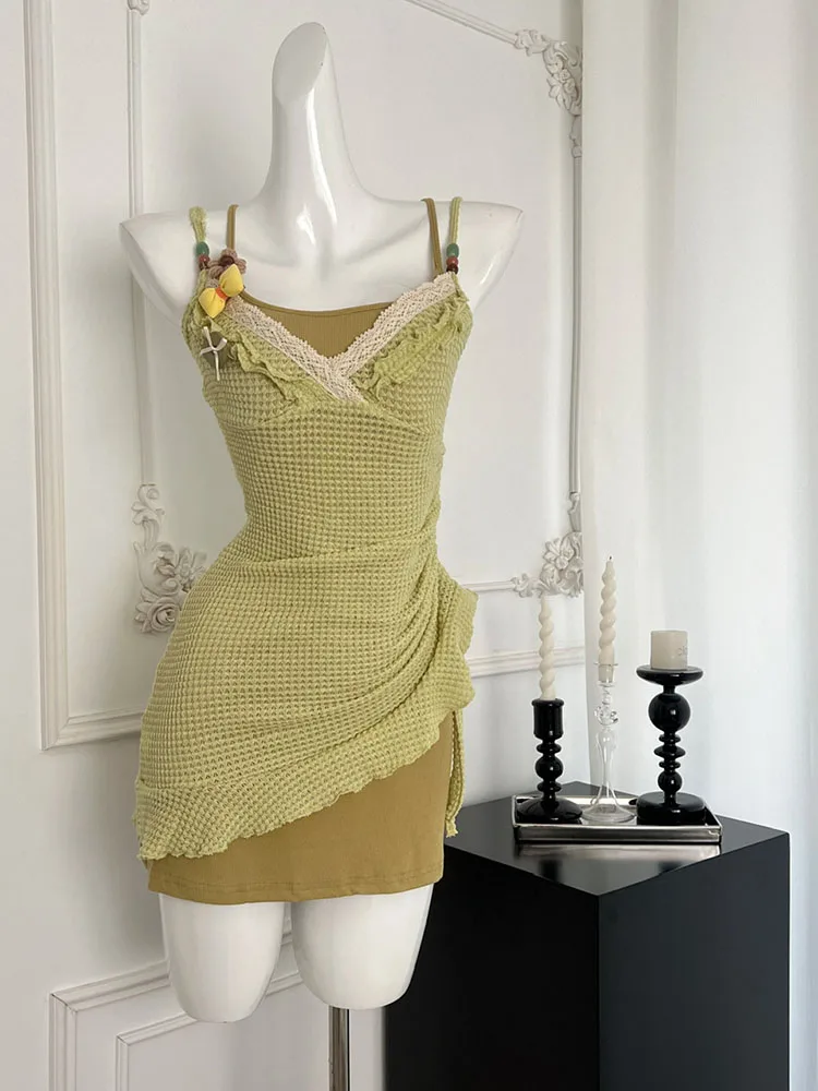 Conjunto de dos piezas de verano para mujer, con tirantes finos minivestido, Estilo Vintage, Mori Girl, 2000