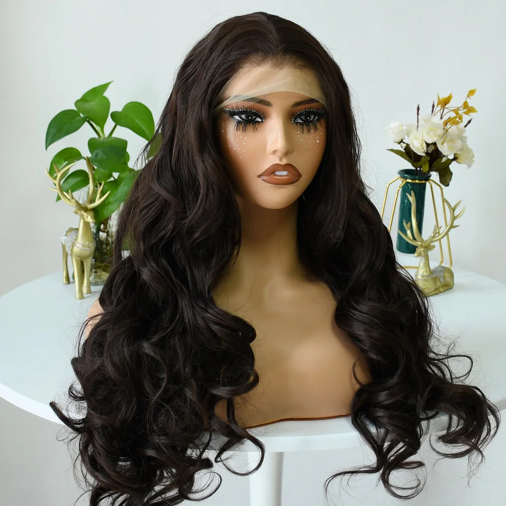 ダークブラウンボディウェーブウィッグ 13x4 HD透明レースフロントウィッグ グルーレス合成高品質HDレースフロントウィッグ すぐに着用可能