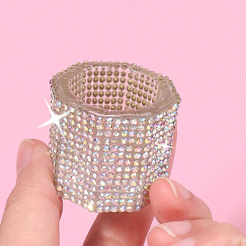 Mini cristal acrílico, polvo octogonal pequeño, taza para uñas líquidas, cepillo para uñas, limpieza de líquido, tazón mezclador de lujo con diamantes de imitación