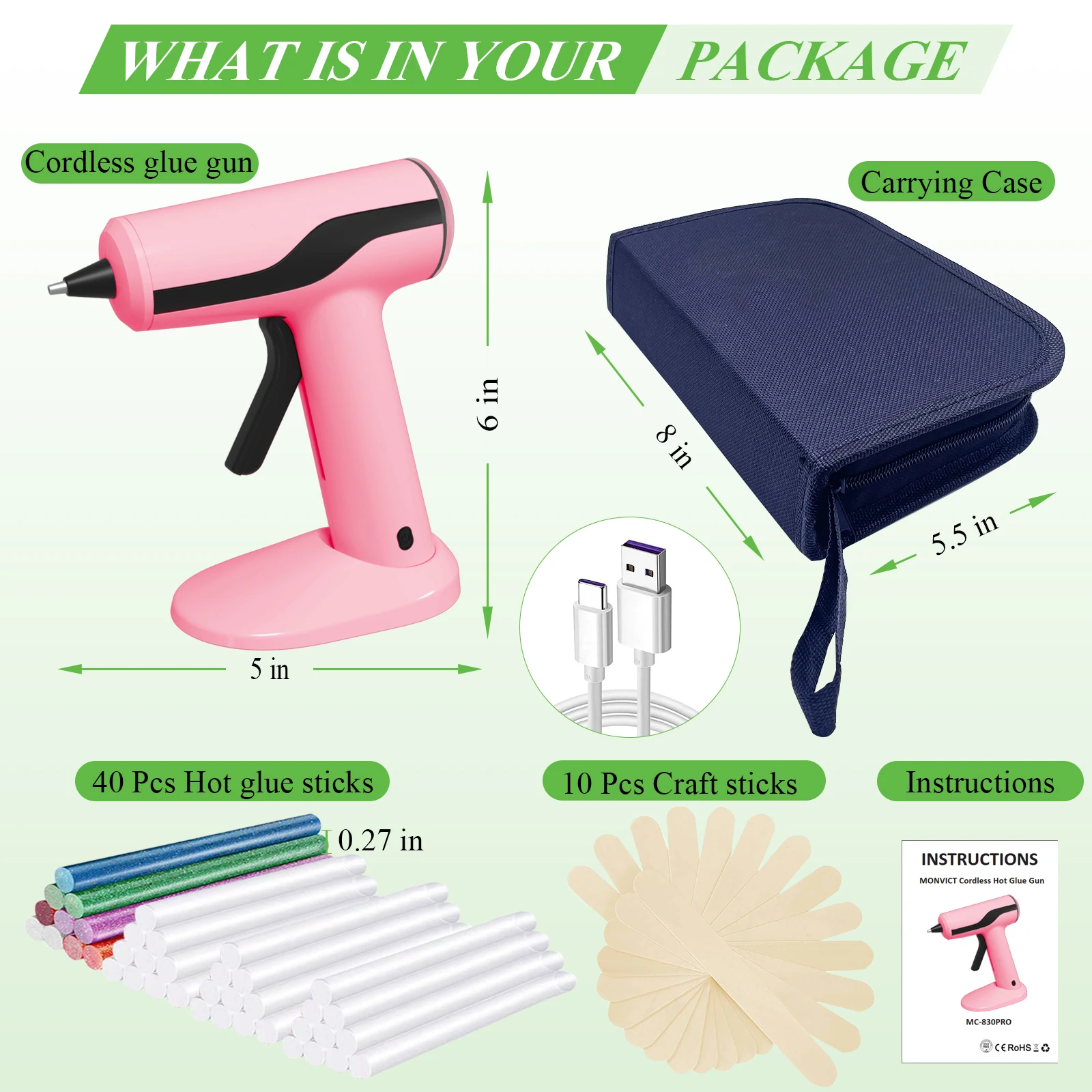 Kit de pistola de pegamento caliente inalámbrica, rosa, recargable, apagado inteligente, barras de pegamento Premium, estuche de transporte de palos