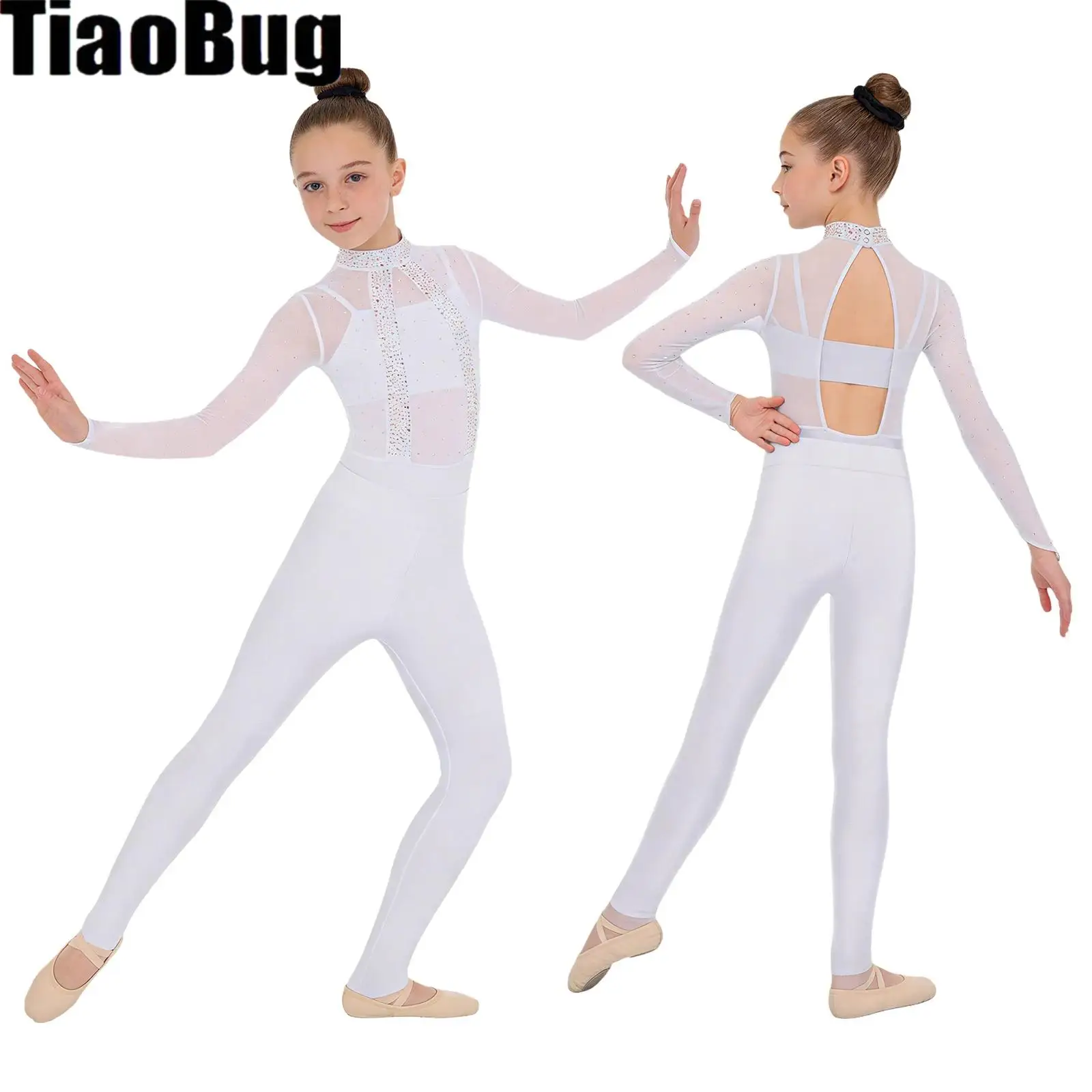 

Kids Girls Patchwork Dance Outfits Shiny Rhinestones Sheer Mesh Bodice Leotard with Straps Camisole Leggings And Hairband