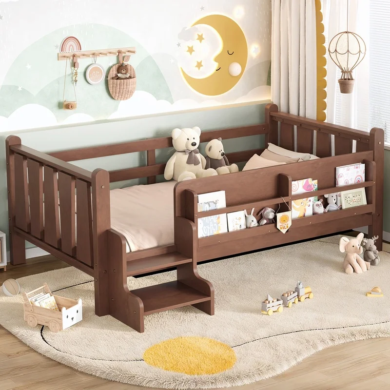 

Twin Size Wooden Floor Bed with Storage Shelves, Kids Bed with Stairs and Safety Rails, No Box Spring Required, Natural Finish
