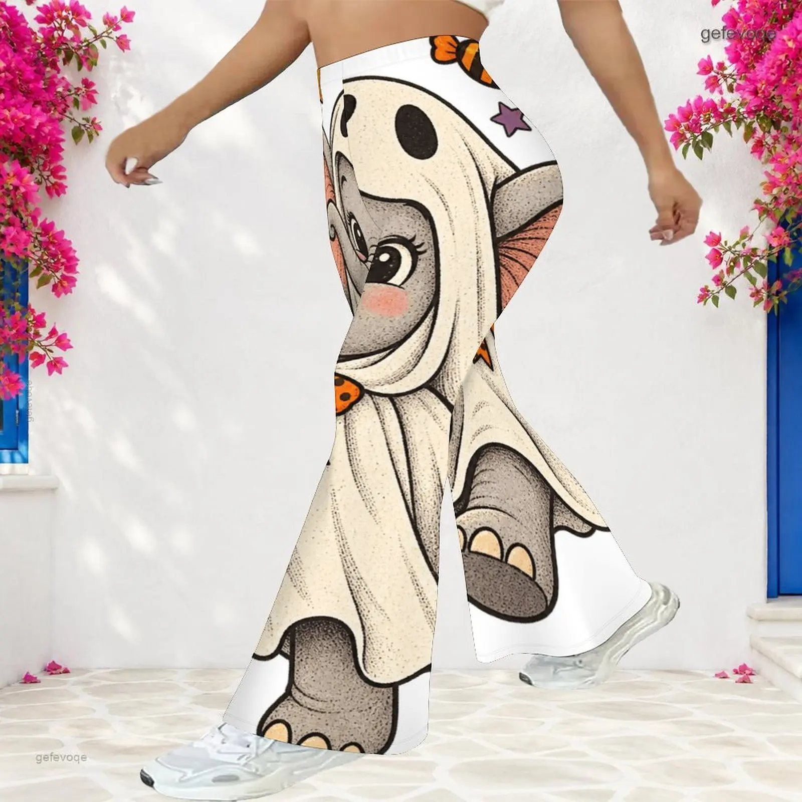 Women High Waist Full Length Flared Pants, Cute Sloth Witch Hat Pumpkin Moon Spider Star Print