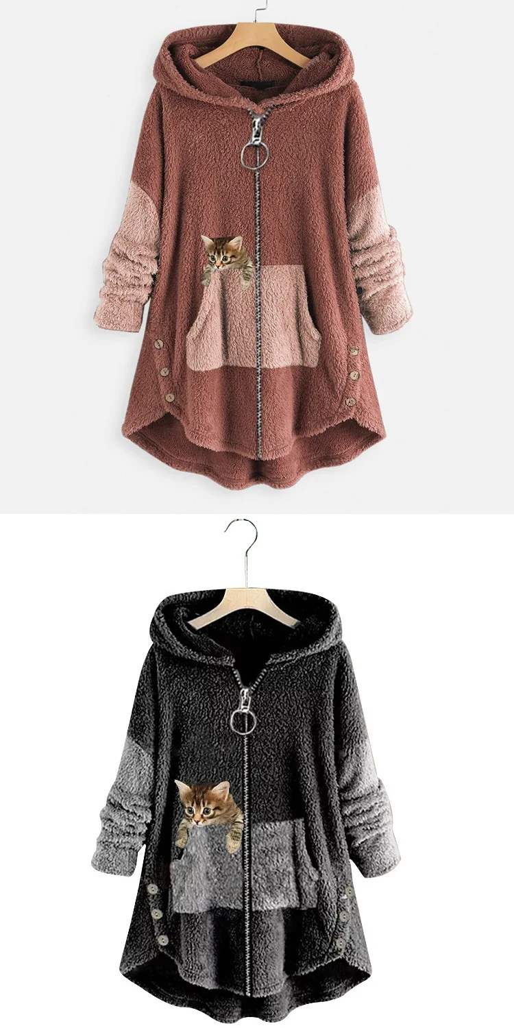 후드 코트 자켓 여성 후드 티셔츠 패치 워크 고양이 프린트 지퍼 두꺼운 오버 코트 streetwear 여성 가을 ​​겨울 겉옷