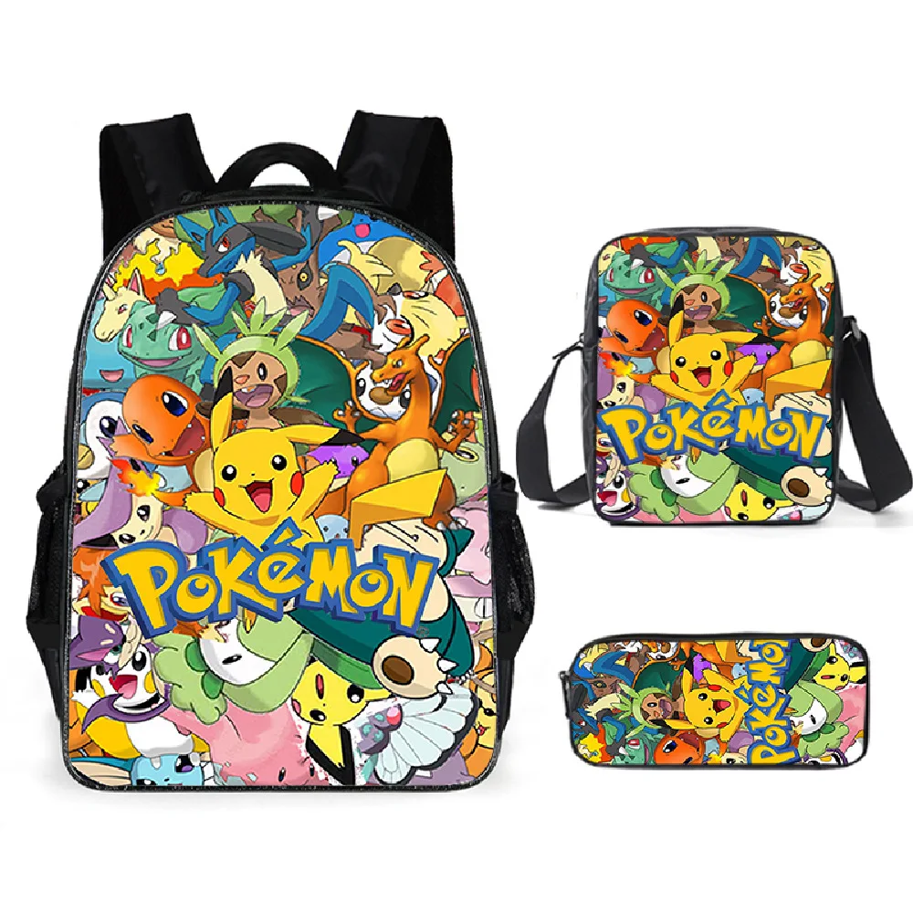 Newthree piece smart baokemeng schoolbag picachu backpack polyester comfortable burden reducing children's backpack gift pen bag