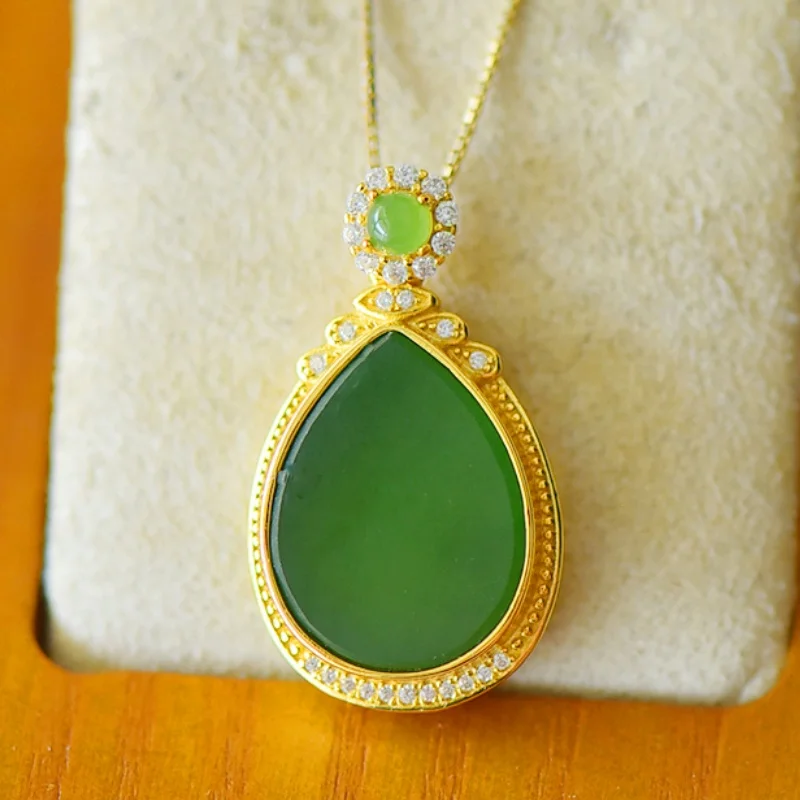 SGARIT Authentic Jadeite Hetian Jade S925 Silver Inlay 15*26mm Waterdrop Pendant Vibrant Green Fine Texture Fashion Necklace