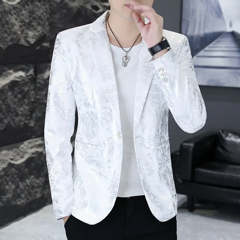 

Стильное мужское повседневное пальто с золотистой отделкой, модное, из полиэфирного волокна, приталенного кроя, с длинными рукавами, на одной пуговице, для ночного клуба