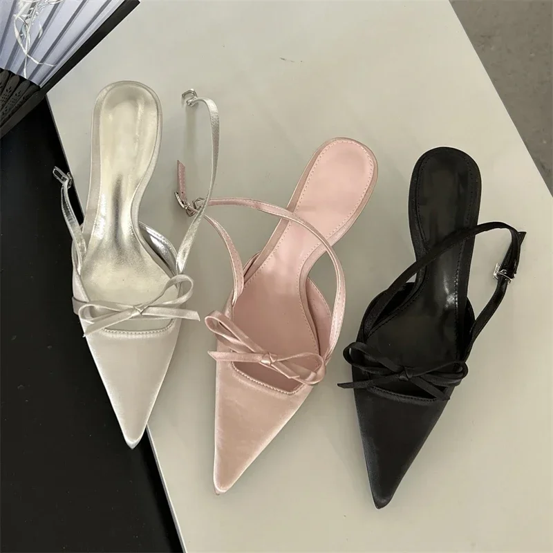 Eilyken Design Style Satin Pointed Toe Belt Buckle Women Pumps Sexy Stripper Party Thin Heels Mule Female Shoes