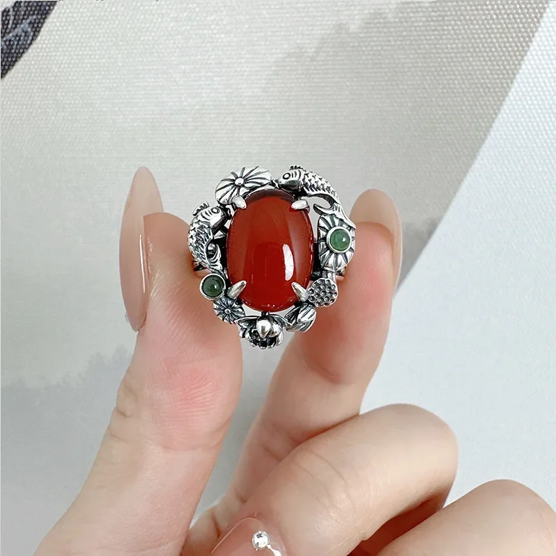 

Chinese Style 925 Sterling Silver Red Agate Rings For Women Vintage Ethnic Finsh Lotus Opening Adjustable Ring Handmade Jewelry