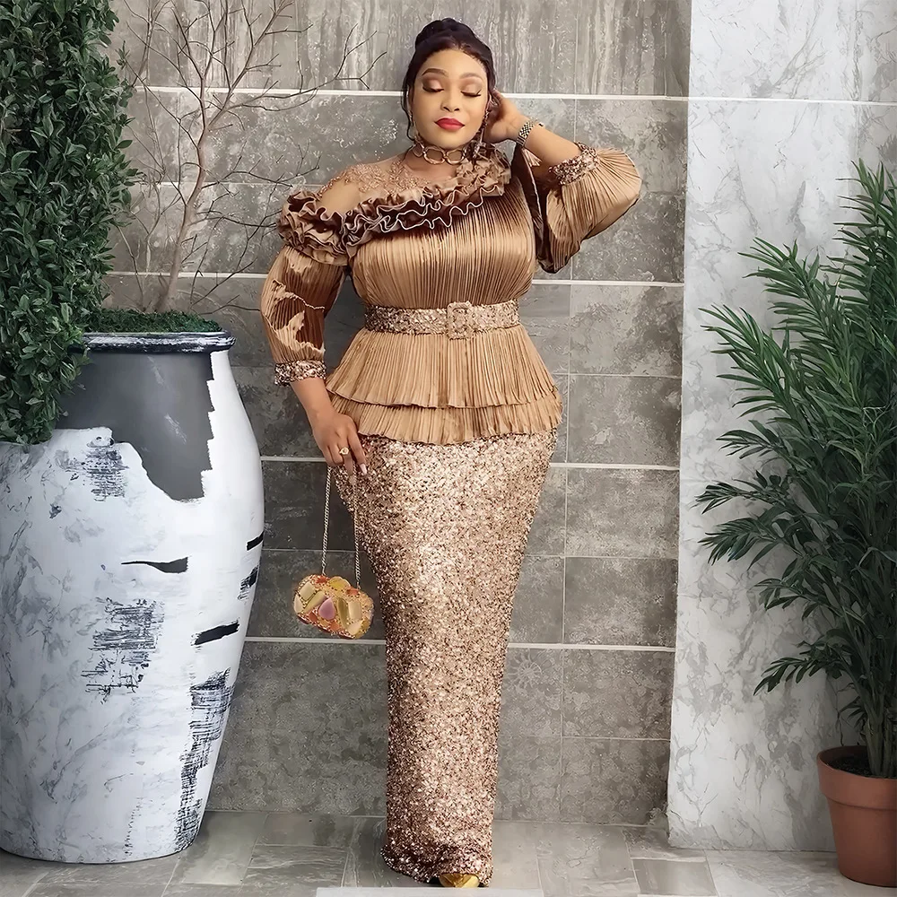 

African Dresses for Women Party Dress Bodycon Pleating Sequin Evening Wedding Dashiki Ankara Turkey Africa Clothing Outfit Gown
