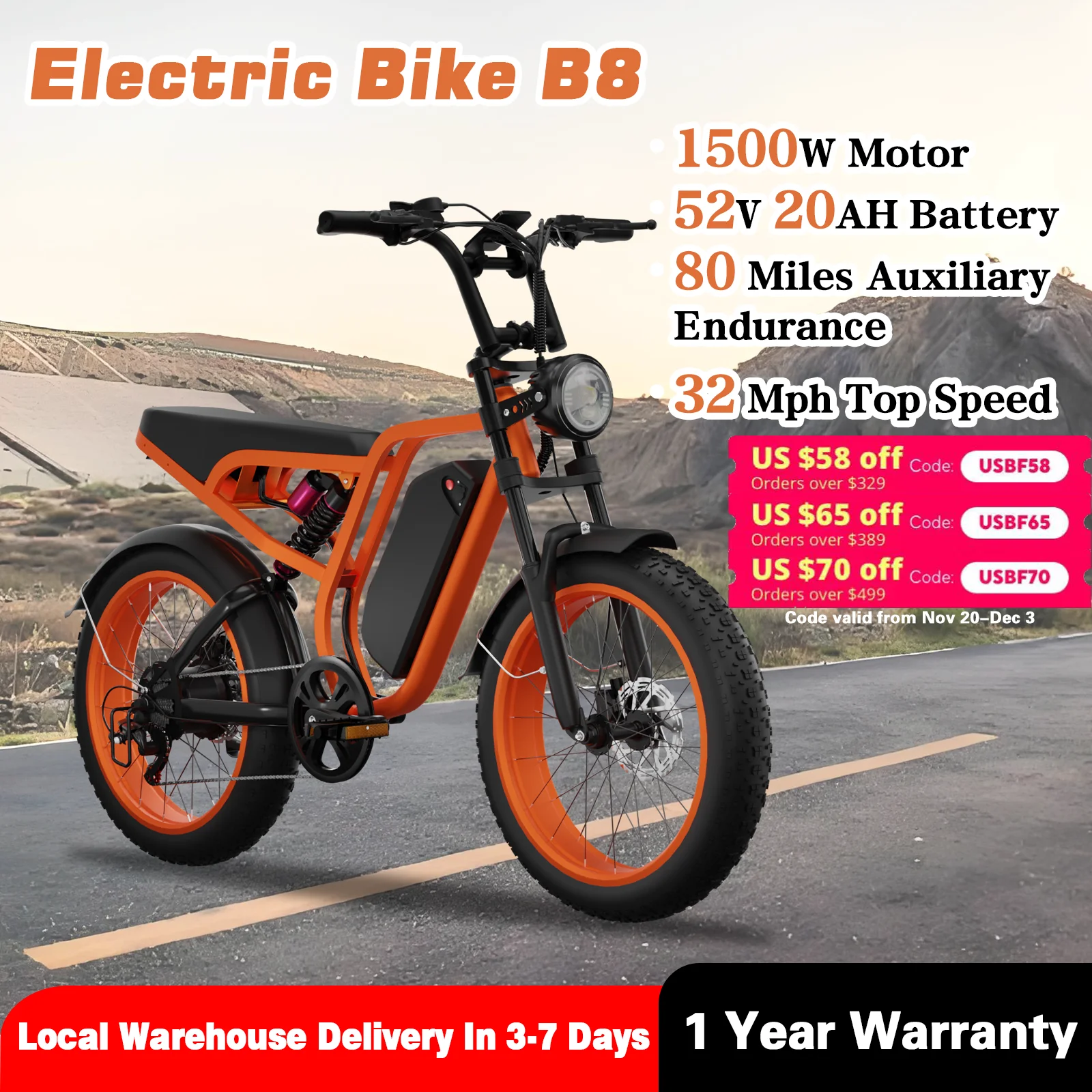 

Moobelo B8 Electric Bike for Adults 20'' 1500W Peak Motor 80 Miles Range 32MPH Electric Mountain Bike 52V 20AH Removable Battery