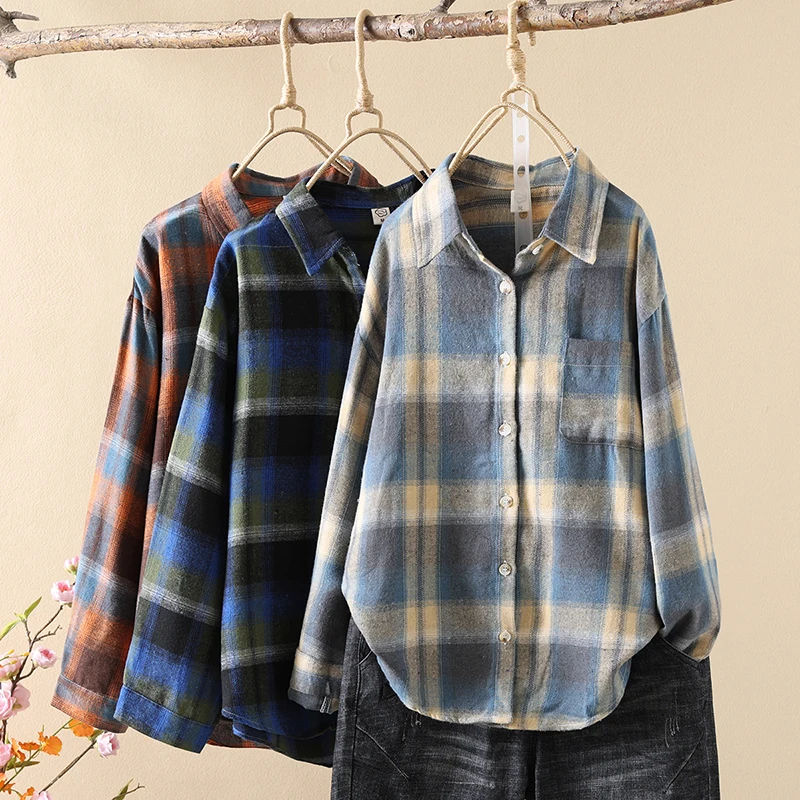 2024 New Women\'s Plaid Shirt Female Comfortable Casual Loose Long Sleeve Shirts Blouse Lady Vintage Elegant Checked Tops Clothes