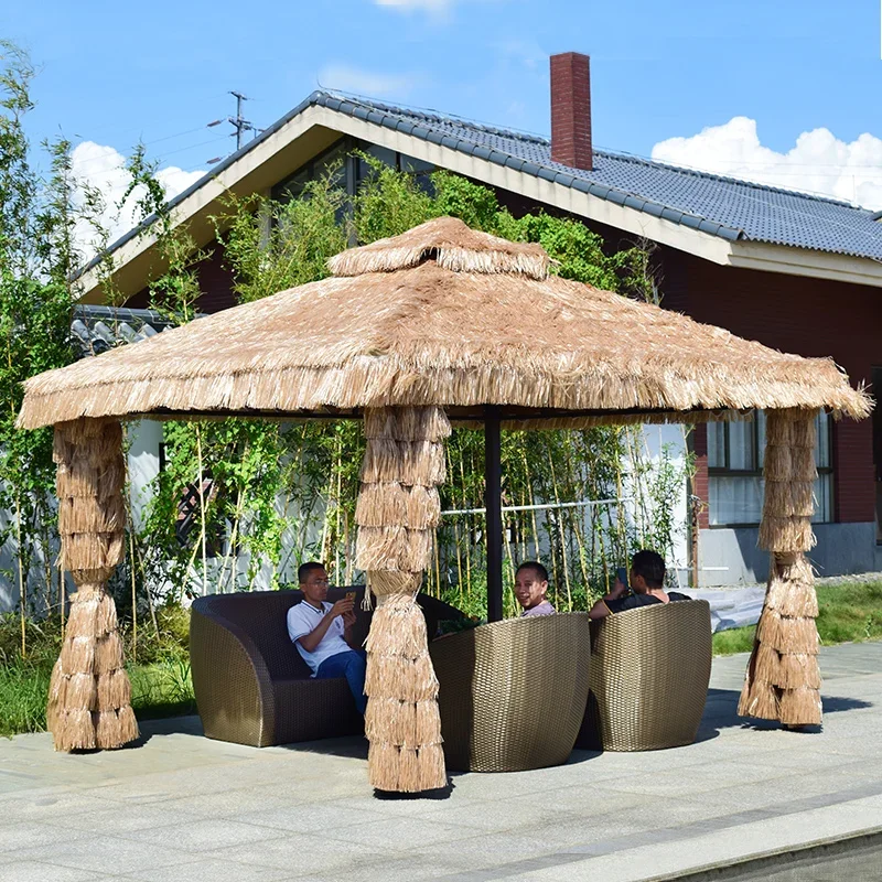 Gazebo-patio al aire libre, montaje de estante de uva de granja, techo, terraza, jardín, diseño de villa, pabellón de paja simple