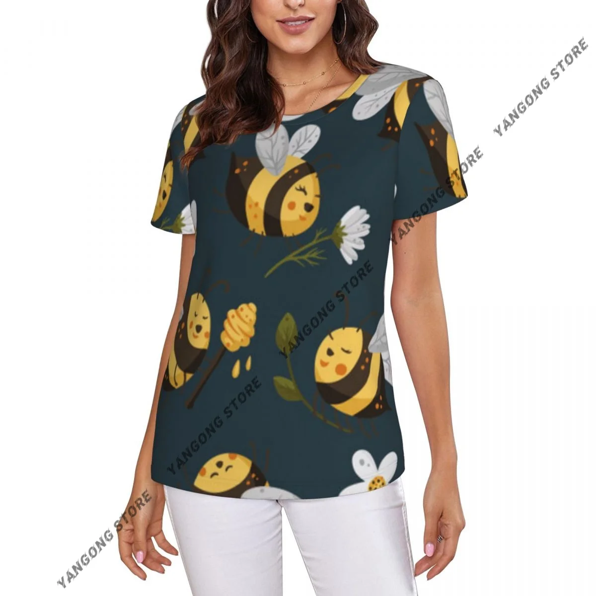Casual Summer Woman Skinny Fit T-shirt Tight Short-Sleeve O-neck Tee Basic Bee Flowers Pattern T Shirt