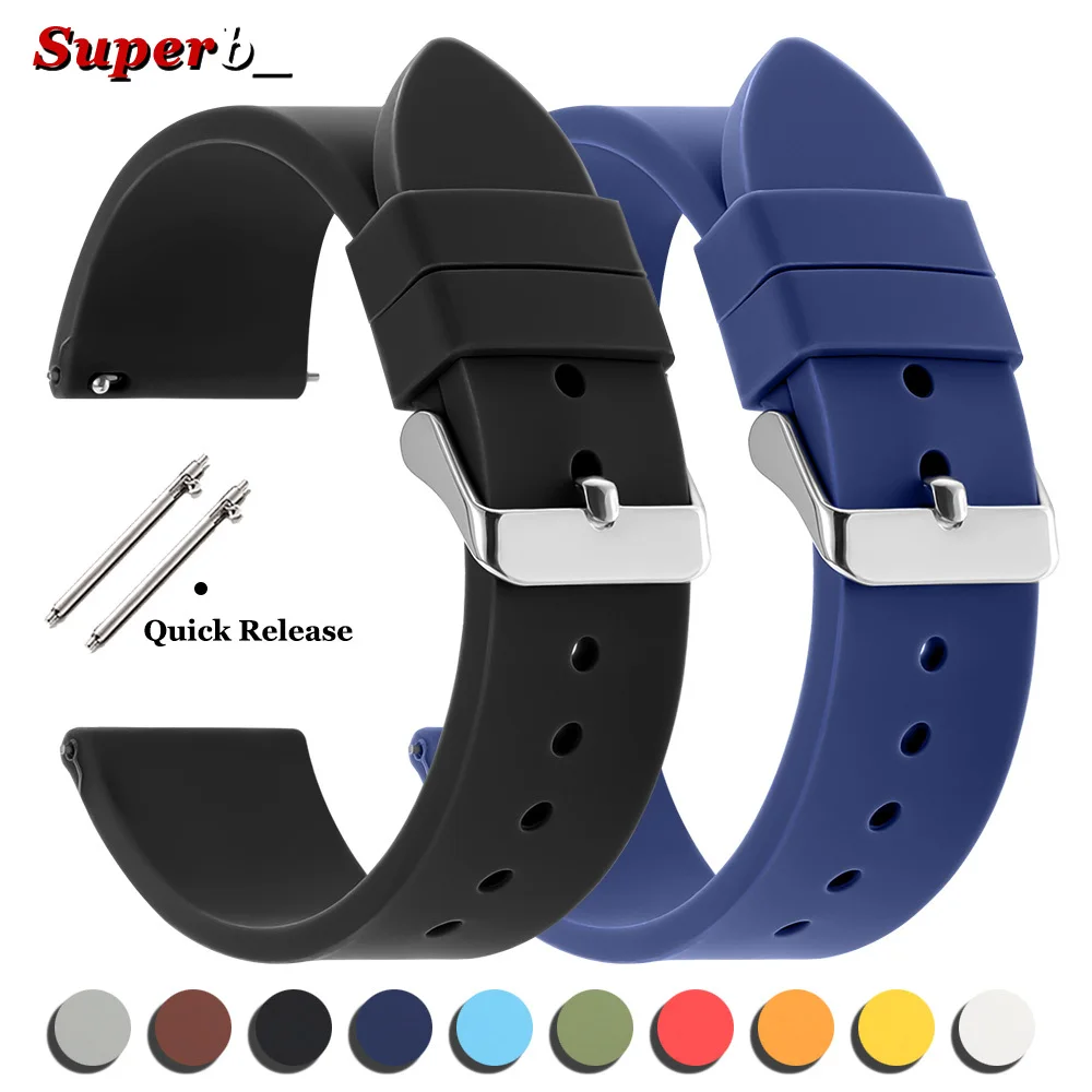 16mm 18mm 20mm 22mm liberação rápida pulseira de relógio de silicone macio universal borracha à prova dwaterproof água pulseira substituição pulseiras smartwatch