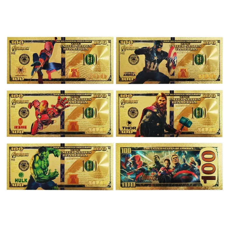 Disney Marvel Super Hero Series Anime Ironman Captain America Gold foil plastic Banknote Collection Movie prop golden bills card