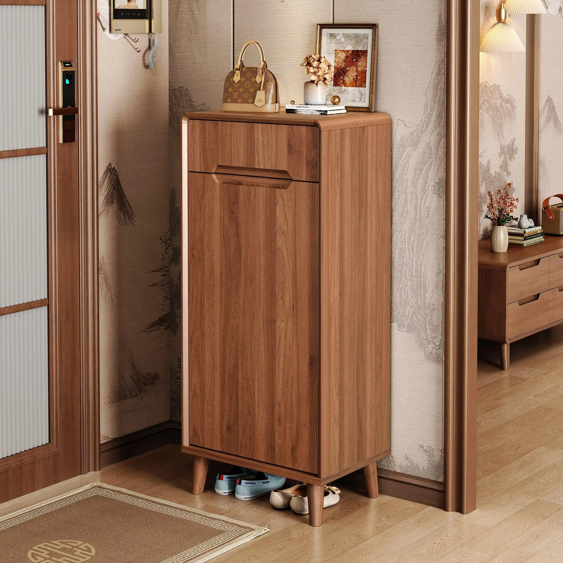 

New Chinese shoe cabinet household entrance door storage porch solid wood legs 2025 new storage cabinet integrated against the w