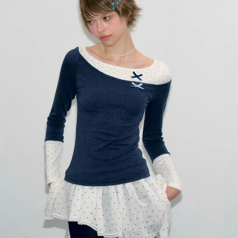 2026 New Women's Fake Two-piece Top Original Design Sweet Cute Polka Dot Splicing Dark Blue Knitted Long-sleeved T-shirt Ladies
