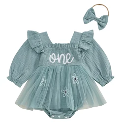 Baby Girls Romper Dress Mesh Flower Letter Pattern Ruffled Long Sleeve Smocked Jumpsuits Bow Headband