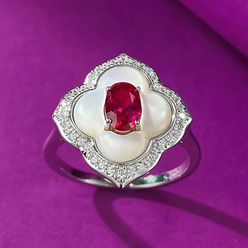 S925 Silver White Fritillaria Inlaid with Pigeon Blood Red 4 * 6mm Fashion Exquisite, Antique Style, Elegant Temperament